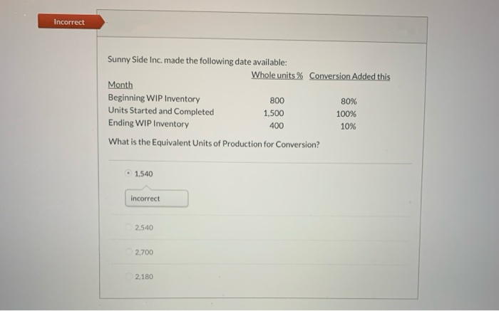 Incorrect
Sunny Side Inc. made the following date available:
Month
Beginning WIP Inventory
Units Started and Completed
Ending WIP Inventory
What is the Equivalent Units of Production for Conversion?
1.540
incorrect
2,540
2,700
Whole units % Conversion Added this
2,180
800
1,500
400
80%
100%
10%