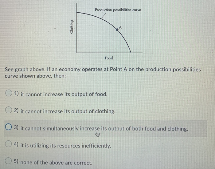 Clothing
Production possibilities curve
Food
See graph above. If an economy operates at Point A on the production possibilities
curve shown above, then:
1) it cannot increase its output of food.
2) it cannot increase its output of clothing.
3) it cannot simultaneously increase its output of both food and clothing.
↓
4) it is utilizing its resources inefficiently.
5) none of the above are correct.