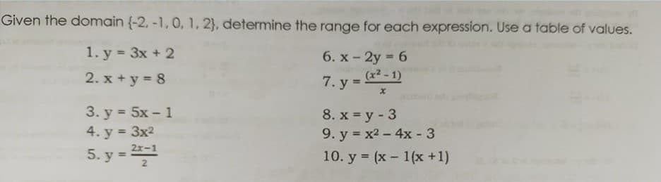 Given the domain (-2, -1, 0, 1, 2), determine the range for each expression. Use a table of values.
1. y = 3x + 2
6. x - 2y = 6
(x2-1)
2. x + y = 8
7. у
%3D
3. y = 5x - 1
4. y = 3x2
5. y =
8. x y - 3
9. y = x2 - 4x - 3
10. y = (x - 1(x +1)
%3D
2x-1
%3D
