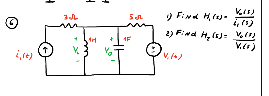 i, (t)
зл
+
V₂
1H
Vo
55
1F
+
1) Find H, (s) =
2) FiNd H₂ (S) =
Vo(s)
į, (5)
V₁ (5)
V₁ (5)