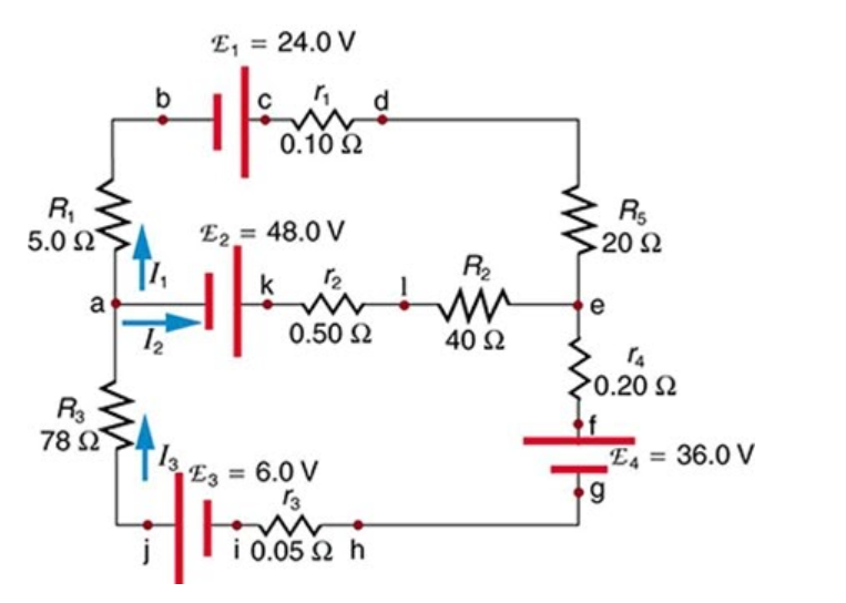 E, = 24.0 V
b
d
0.10 2
R,
5.0 2
Rs
20 2
E2 = 48.0 V
R2
k
a
e
0.50 2
40 2
0.20 2
78 Ω
E4 = 36.0 V
E3 = 6.0 V
13
i 0.05 Ω h
