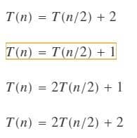 ### Recurrence Relations

In this image, we see four different recurrence relations, which are commonly used in the analysis of algorithms to describe the runtime of recursive functions. Each recurrence relation expresses the runtime \( T(n) \) of an algorithm in terms of the runtime on a smaller input size, often \( T(n/2) \). Here we detail each of these recurrence relations:

1. **Recurrence Relation 1**:
   \[
   T(n) = T(n/2) + 2
   \]
   This relation suggests that the runtime for input size \( n \) is equivalent to the runtime for half the input size \( n/2 \) plus a constant time of 2.

2. **Recurrence Relation 2**:
   \[
   T(n) = T(n/2) + 1
   \]
   This relation is similar to the previous one but adds a constant time of 1 instead.

3. **Recurrence Relation 3**:
   \[
   T(n) = 2T(n/2) + 1
   \]
   This relation indicates that the runtime for size \( n \) is equal to twice the runtime of the input size \( n/2 \) plus a constant time of 1.

4. **Recurrence Relation 4**:
   \[
   T(n) = 2T(n/2) + 2
   \]
   Here, the runtime for input size \( n \) is twice the runtime for size \( n/2 \), plus a constant time of 2.

These recurrence relations help in determining the time complexity of algorithms, particularly those that employ a divide-and-conquer approach. By solving these recurrences using techniques such as the Master Theorem, Iteration Method, or Recurrence Tree Method, one can determine the overall asymptotic complexity of the algorithm.