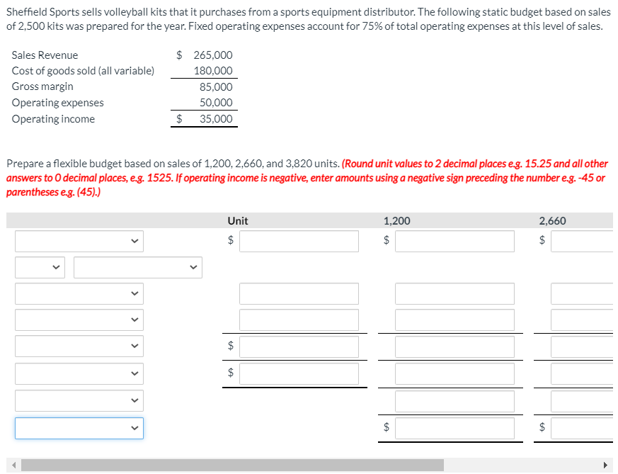 Sheffield Sports sells volleyball kits that it purchases from a sports equipment distributor. The following static budget based on sales
of 2,500 kits was prepared for the year. Fixed operating expenses account for 75% of total operating expenses at this level of sales.
Sales Revenue
$ 265,000
Cost of goods sold (all variable)
180,000
Gross margin
85,000
Operating expenses
50,000
Operating income
$
35,000
Prepare a flexible budget based on sales of 1,200, 2,660, and 3,820 units. (Round unit values to 2 decimal places eg. 15.25 and all other
answers to O decimal places, e.g. 1525. If operating income is negative, enter amounts using a negative sign preceding the number e.g. -45 or
parentheses e.g. (45).)
Unit
1,200
2,660
$
$
$
$
$
%24
%24
%24
>
>
>
>
>
>
>
