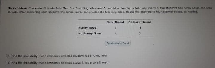 Sick children: There are 25 students in Mrs. Bush's sixth-grade class. On a cold winter day in February, many of the students had runny noses and sore
throats. After examining each student, the school nurse constructed the following table. Round the answers to four decimal places, as needed.
Sore Throat
No Sore Throat
Runny Nose
5.
No Runny Nose
4
5.
Send data to Excel
(a) Find the probability that a randomly selected student has a runny nose.
(b) Find the probability that a randomly selected student has a sore throat.
