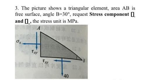 3. The picture shows a triangular element, area AB is
free surface, angle B=30°, request Stress component
and the stress unit is MPa.
AN*
Ox.
Txy
Txy
40
B