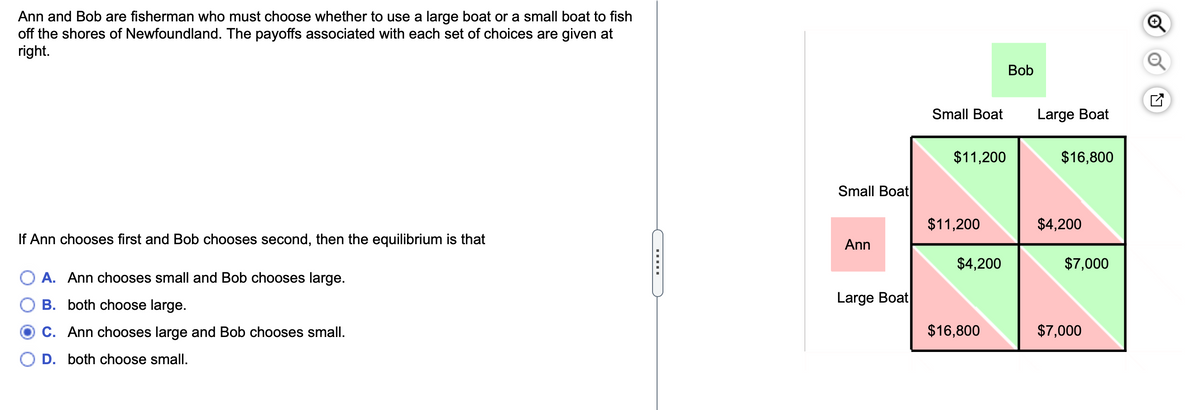 Ann and Bob are fisherman who must choose whether to use a large boat or a small boat to fish
off the shores of Newfoundland. The payoffs associated with each set of choices are given at
right.
Q
Bob
Small Boat
Large Boat
$11,200
$16,800
Small Boat
$11,200
$4,200
If Ann chooses first and Bob chooses second, then the equilibrium is that
Ann
$4,200
$7,000
A. Ann chooses small and Bob chooses large.
B. both choose large.
Large Boat
C. Ann chooses large and Bob chooses small.
$16,800
$7,000
O D. both choose small.
