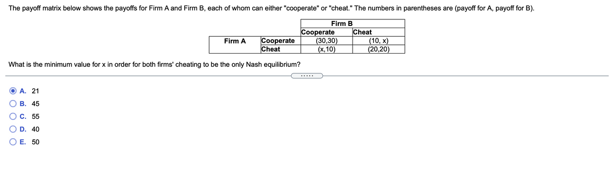 The payoff matrix below shows the payoffs for Firm A and Firm B, each of whom can either "cooperate" or "cheat." The numbers in parentheses are (payoff for A, payoff for B).
Firm B
Cooperate
Cheat
Сооperate
(30,30)
(х,10)
Cheat
(10, х)
(20,20)
Firm A
What is the minimum value for x in order for both firms' cheating to be the only Nash equilibrium?
А. 21
В. 45
Ос. 55
D. 40
О Е. 50
