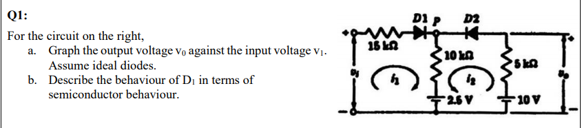 Q1:
DI P
D2
For the circuit on the right,
a. Graph the output voltage vo against the input voltage v.
Assume ideal diodes.
b. Describe the behaviour of Di in terms of
semiconductor behaviour.
F26 V
10 V
