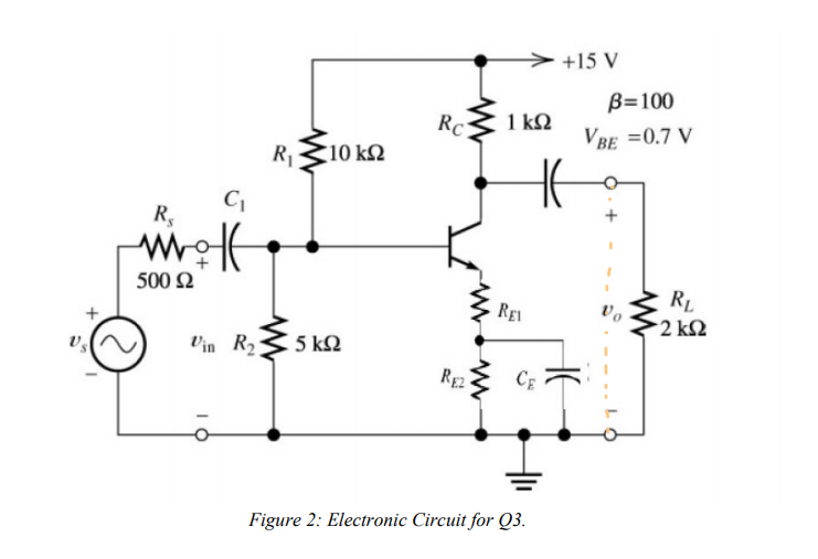 +15 V
B=100
RC
1 kN
VBE =0.7 V
R10 kN
R,
500 2
RL
RE
2 k2
Vin R235 kN
RE2
CE
Figure 2: Electronic Circuit for Q3.
