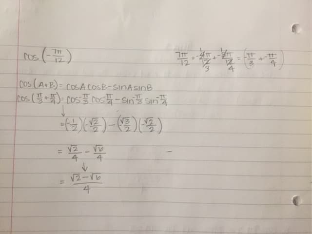 tos (-)
12
Cos (A+B)= CDSsA COSB-SINASınB
cos (+)= cos cos-Sin Sin
V3
VZ VD
4.
%3D
4.
V2-レ
%3D
