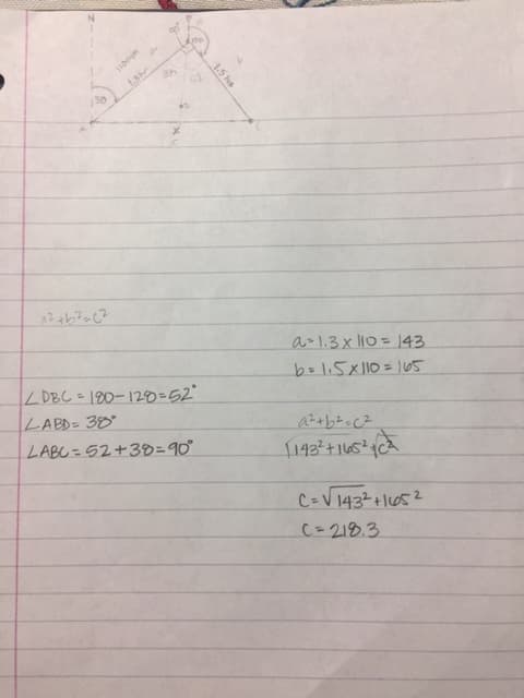 52
30
a-1.3x 10= 143
bol.5x110= 105
L DBC = 180-120=52
LABD= 38°
a2+bz=CZ
LABC=52+30=90°
1143 + 16524
C=V 1432+1652
C=218.3
1.5 hs
