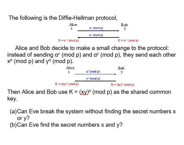 The following is the Diffie-Hellman protocol,
Alice
Bob
a" (mod p)
y
a' (mod p)
K=a" (mod p)
K= 0" (mod p)
Alice and Bob decide to make a small change to the protocol:
instead of sending a (mod p) and a' (mod p), they send each other
xa (mod p) and ya (mod p).
Alice
Bob
x"(mod p)
y (mod p)
K= (xy)" (mod p)
K= (y) (mod p)
Then Alice and Bob use K = (xy)" (mod p) as the shared common
key.
(a)Can Eve break the system without finding the secret numbers x
or y?
(b)Can Eve find the secret numbers x and y?
