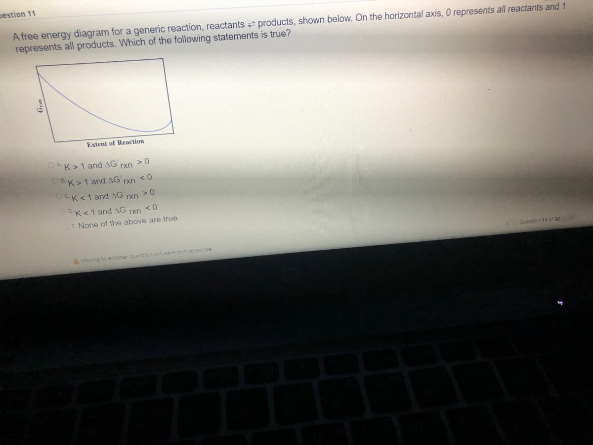 estion 11
A free energy diagram for a generic reaction, reactants products, shown below. On the horizontal axis, 0 represents all reactants and 1
represents all products. Which of the following statements is true?
Extent of Reaction
OAK>1 and AG rxn > 0
OBK>1 and AG rxn <0
OCK<1 and AG rxn > 0
OPK <1 and AG rxn <0
OE. None of the above are true.
Question 11 of 32
Moving to another question will save this response.
S