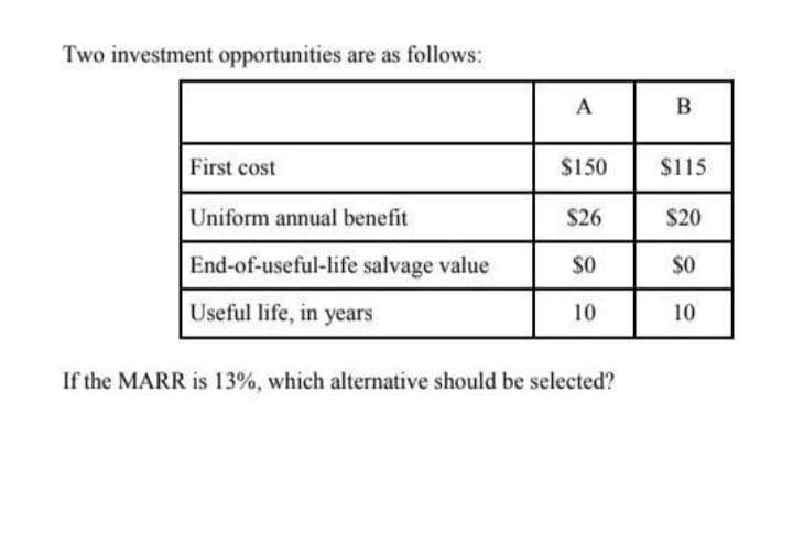 Two investment opportunities are as follows:
A
B
First cost
$150
$115
Uniform annual benefit
$26
$20
End-of-useful-life salvage value
$O
SO
Useful life, in years
10
10
If the MARR is 13%, which alternative should be selected?
