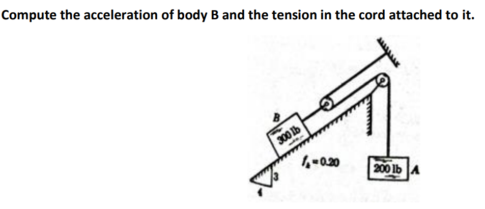 Compute the acceleration of body B and the tension in the cord attached to it.
B
300 lb
4-020
200 lb A
