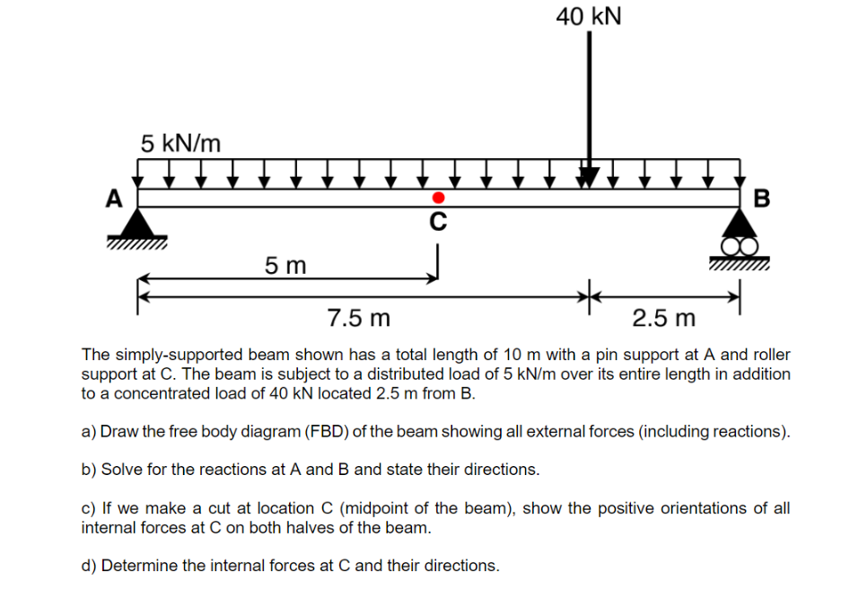 A
5 kN/m
▬▬▬▬▬▬
5 m
C
40 KN
▬▬▬▬▬▬
B
7.5 m
2.5 m
The simply-supported beam shown has a total length of 10 m with a pin support at A and roller
support at C. The beam is subject to a distributed load of 5 kN/m over its entire length in addition
to a concentrated load of 40 kN located 2.5 m from B.
a) Draw the free body diagram (FBD) of the beam showing all external forces (including reactions).
b) Solve for the reactions at A and B and state their directions.
c) If we make a cut at location C (midpoint of the beam), show the positive orientations of all
internal forces at C on both halves of the beam.
d) Determine the internal forces at C and their directions.