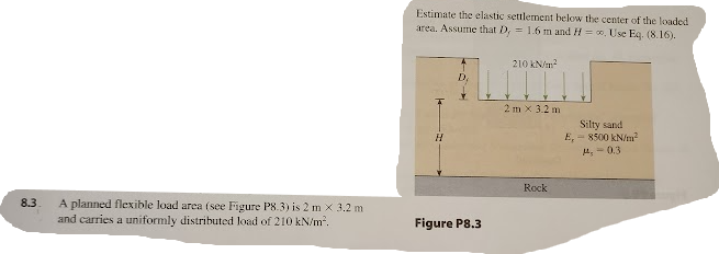 Estimate the elastic settlement below the center of the loaded
area. Assume that D, 1.6 m and H. Use Eq. (8.16).
210 kN/m²
H
8.3
A planned flexible load area (see Figure P8.3) is 2 m x 3.2 m
and carries a uniformly distributed load of 210 kN/m².
Figure P8.3
2m x 3.2 m
Silty sand
E, 8500 kN/m²
M. 0.3
Rock