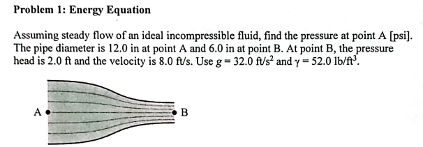 Problem 1: Energy Equation
Assuming steady flow of an ideal incompressible fluid, find the pressure at point A [psi].
The pipe diameter is 12.0 in at point A and 6.0 in at point B. At point B, the pressure
head is 2.0 ft and the velocity is 8.0 ft/s. Use g = 32.0 ft/s² and y = 52.0 lb/ft³.
A
B