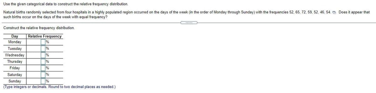 Use the given categorical data to construct the relative frequency distribution.
Natural births randomly selected from four hospitals in a highly populated region occurred on the days of the week (in the order of Monday through Sunday) with the frequencies 52, 65, 72, 59, 52, 46, 54. O Does it appear that
such births occur on the days of the week with equal frequency?
Construct the relative frequency distribution.
Relative Frequency
%
%
Day
Monday
Tuesday
%
%
%
%
Wednesday
Thursday
Friday
Saturday
Sunday
(Type integers or decimals. Round to two decimal places as needed.)
