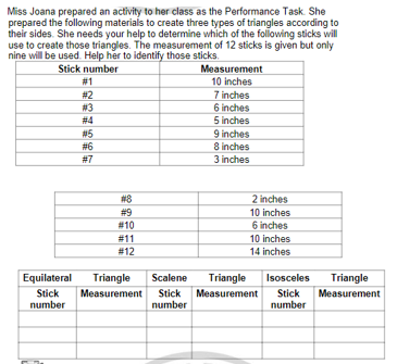 Miss Joana prepared an activity to her class as the Performance Task. She
prepared the following materials to create three types of triangles according to
their sides. She needs your help to determine which of the following sticks will
use to create those triangles. The measurement of 12 sticks is given but only
nine will be used. Help her to identify those sticks.
Stick number
Measurement
10 inches
7 inches
6 inches
#1
#2
#3
# 4
#5
# 6
5 inches
9 inches
8 inches
#7
3 inches
#8
2 inches
#9
10 inches
#10
6 inches
# 11
#12
10 inches
14 inches
Triangle
Measurement Stick Measurement Stick
Equilateral
Scalene
Triangle
Isosceles
Triangle
Stick
number
Measurement
number
number
