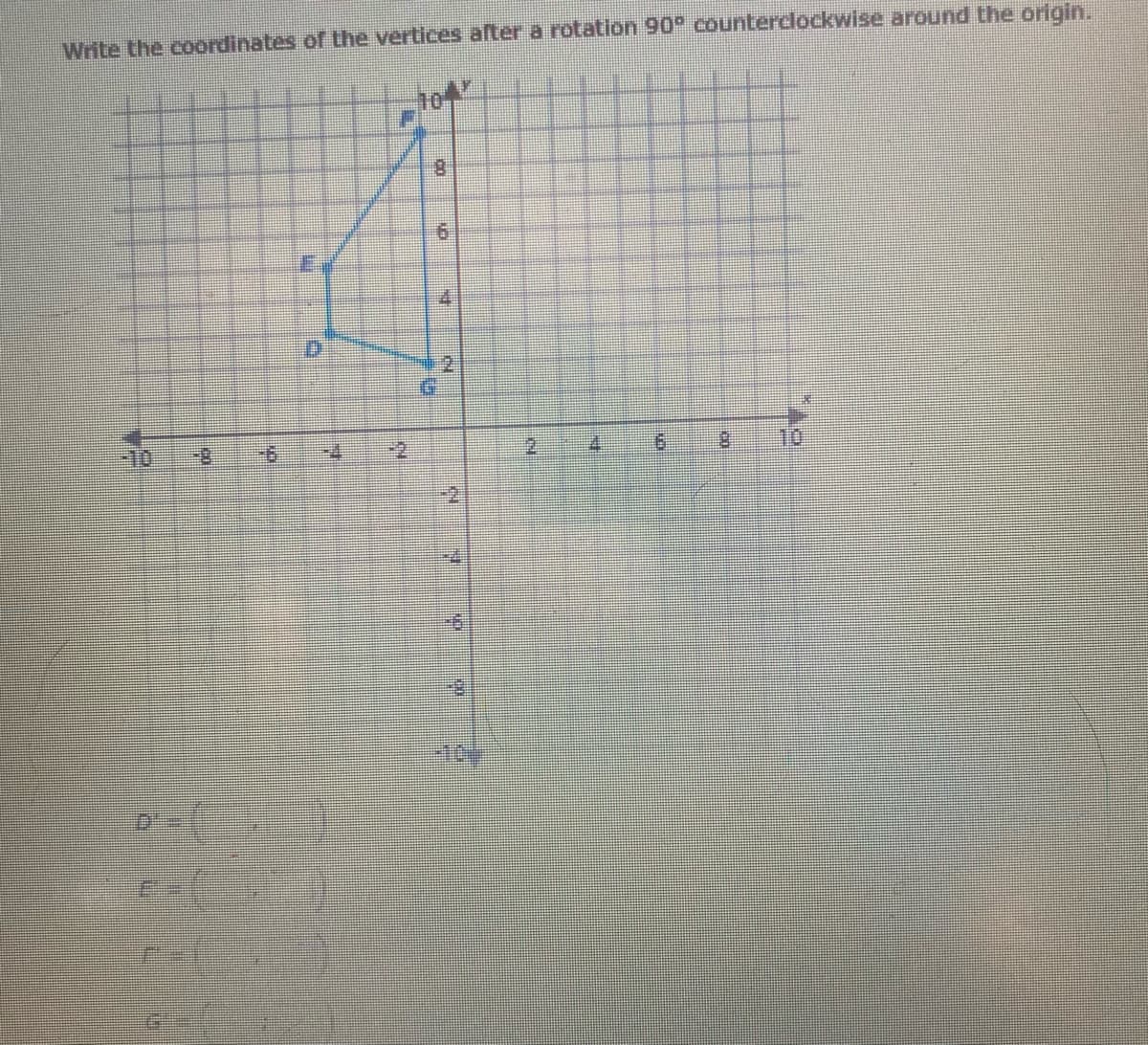 Write the coordinates of the vertices after a rotation 90° counterdockwise around the origin.
10
8.
-10
2.
10
2.
