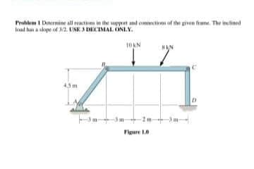 Protilem I Dnermine all rvnti in the wpet and emnetioms of the given frame. The inclined
load han a slope of 2. EINE S DECIMAL ONLY.
HAN
A5m
m-
Pigure 10
