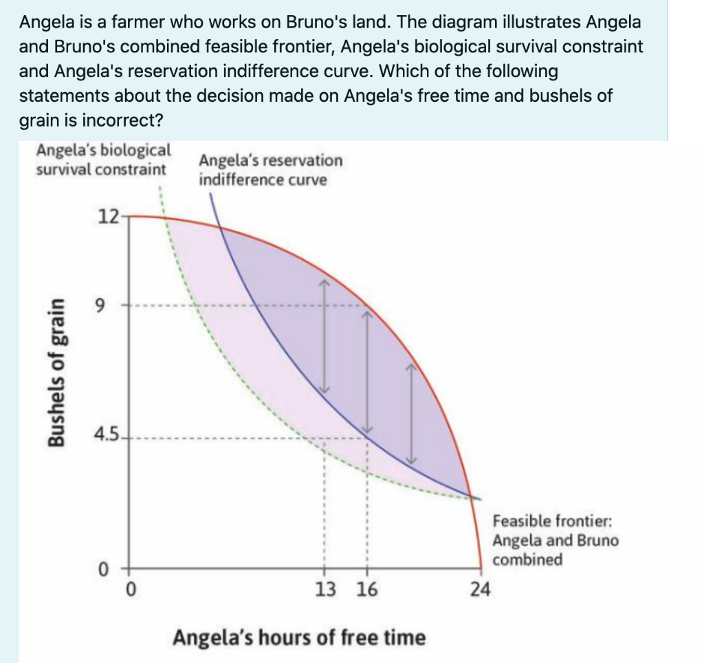 Angela is a farmer who works on Bruno's land. The diagram illustrates Angela
and Bruno's combined feasible frontier, Angela's biological survival constraint
and Angela's reservation indifference curve. Which of the following
statements about the decision made on Angela's free time and bushels of
grain is incorrect?
Angela's biological
survival constraint
Angela's reservation
indifference curve
12-
4.5.
Feasible frontier:
Angela and Bruno
combined
13 16
24
Angela's hours of free time
Bushels of grain
