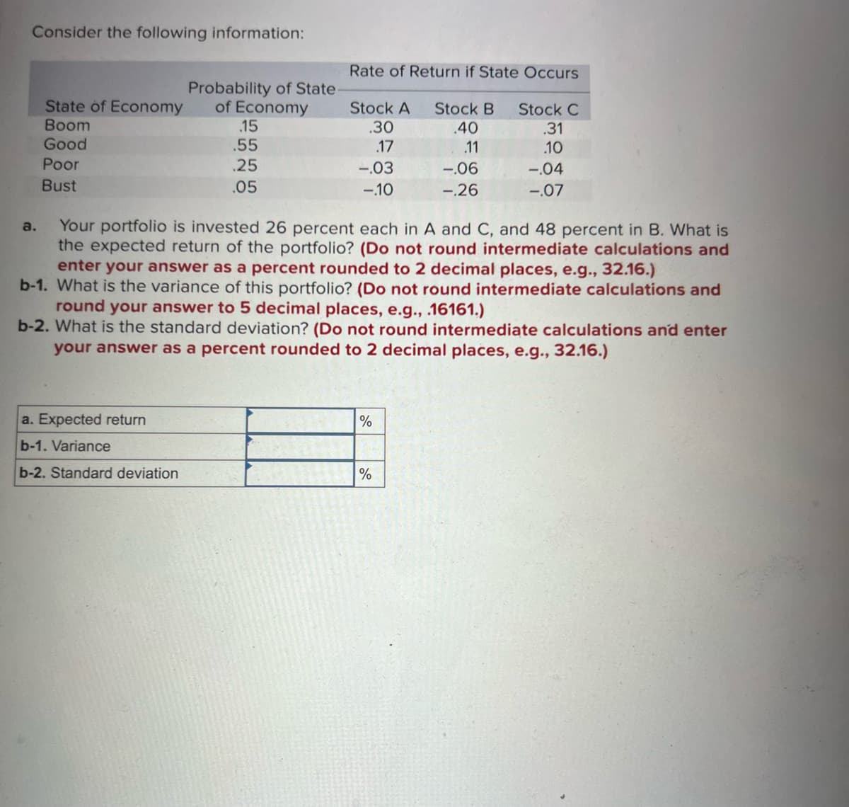 Consider the following information:
State of Economy
Boom
Good
Poor
Bust
a.
Probability of State-
of Economy
a. Expected return
b-1. Variance
b-2. Standard deviation
15
.55
.25
.05
Rate of Return if State Occurs
Stock A
.30
.17
-.03
-.10
%
Stock B
.40
.11
Your portfolio is invested 26 percent each in A and C, and 48 percent in B. What is
the expected return of the portfolio? (Do not round intermediate calculations and
enter your answer as a percent rounded to 2 decimal places, e.g., 32.16.)
b-1. What is the variance of this portfolio? (Do not round intermediate calculations and
round your answer to 5 decimal places, e.g., .16161.)
b-2. What is the standard deviation? (Do not round intermediate calculations and enter
your answer as a percent rounded to 2 decimal places, e.g., 32.16.)
%
-.06
-.26
Stock C
.31
.10
-.04
-.07