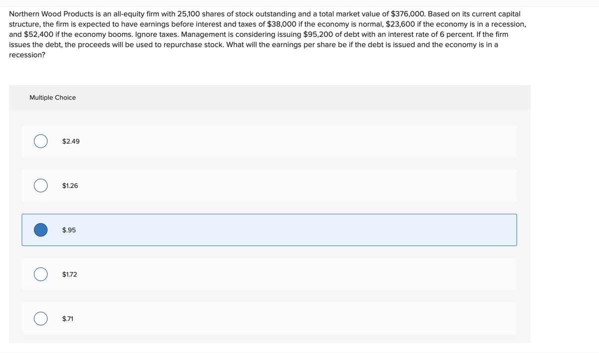 Northern Wood Products is an all-equity firm with 25,100 shares of stock outstanding and a total market value of $376,000. Based on its current capital
structure, the firm is expected to have earnings before interest and taxes of $38,000 if the economy is normal, $23,600 if the economy is in a recession,
and $52,400 if the economy booms. Ignore taxes. Management is considering issuing $95,200 of debt with an interest rate of 6 percent. If the firm
issues the debt, the proceeds will be used to repurchase stock. What will the earnings per share be if the debt is issued and the economy is in a
recession?
Multiple Choice
$2.49
$1.26
$.95
$1.72
$.71
