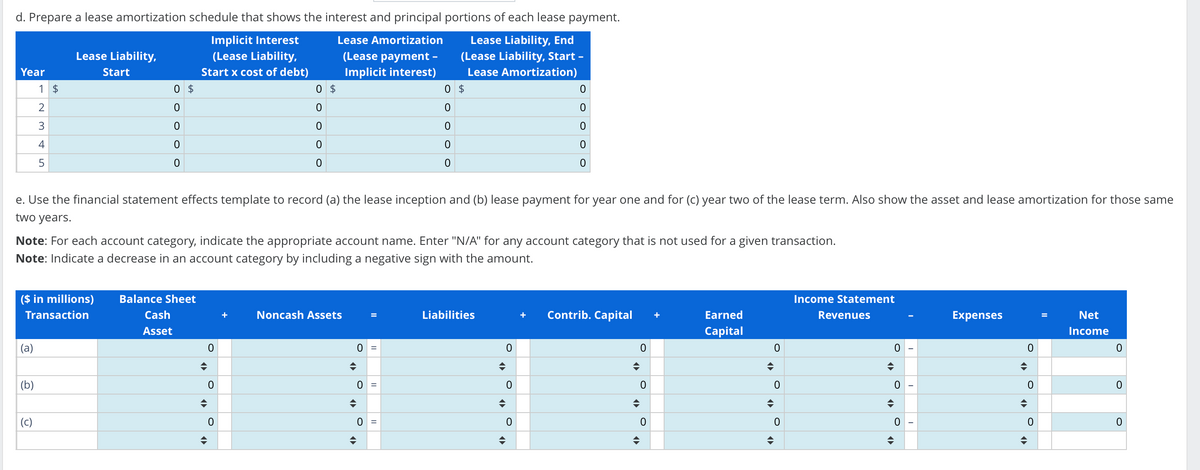 d. Prepare a lease amortization schedule that shows the interest and principal portions of each lease payment.
Implicit Interest
(Lease Liability,
Start x cost of debt)
Lease Liability, End
(Lease Liability, Start -
Lease Amortization)
Year
1 $
2
3
4
(a)
LO
(b)
5
(c)
Lease Liability,
Start
($ in millions)
Transaction
0
0
0
0
0
$
Balance Sheet
Cash
Asset
e. Use the financial statement effects template to record (a) the lease inception and (b) lease payment for year one and for (c) year two of the lease term. Also show the asset and lease amortization for those same
two years.
0
Note: For each account category, indicate the appropriate account name. Enter "N/A" for any account category that is not used for a given transaction.
Note: Indicate a decrease in an account category by including a negative sign with the amount.
♦
0
0
0
0
0
0
$
0
Lease Amortization
(Lease payment -
Implicit interest)
Noncash Assets
0
◆
0 =
0
0
0
0
0
◆
$
0 =
Liabilities
0
0
0
0
0
◆
0
0
0
Contrib. Capital +
0
◆
0
→
0
Earned
Capital
0
♦
0
0
Income Statement
Revenues
0
◆
¶
0
0
I
Expenses
0
0
0
=
Net
Income
0
0
0