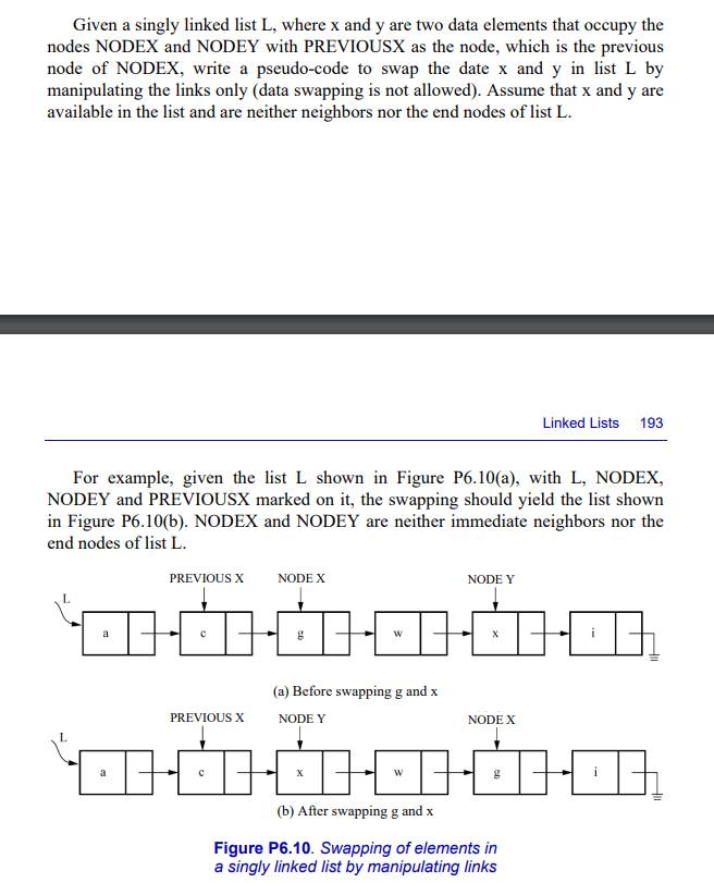 Given a singly linked list L, where x and y are two data elements that occupy the
nodes NODEX and NODEY with PREVIOUSX as the node, which is the previous
node of NODEX, write a pseudo-code to swap the date x and y in list L by
manipulating the links only (data swapping is not allowed). Assume that x and y are
available in the list and are neither neighbors nor the end nodes of list L.
For example, given the list L shown in Figure P6.10(a), with L, NODEX,
NODEY and PREVIOUSX marked on it, the swapping should yield the list shown
in Figure P6.10(b). NODEX and NODEY are neither immediate neighbors nor the
end nodes of list L.
PREVIOUS X
NODE Y
00 bodo
a
X
С
NODE X
PREVIOUS X
g
W
(a) Before swapping g and x
NODE Y
Linked Lists 193
NODE X
(b) After swapping g and x
addada.
Figure P6.10. Swapping of elements in
a singly linked list by manipulating links