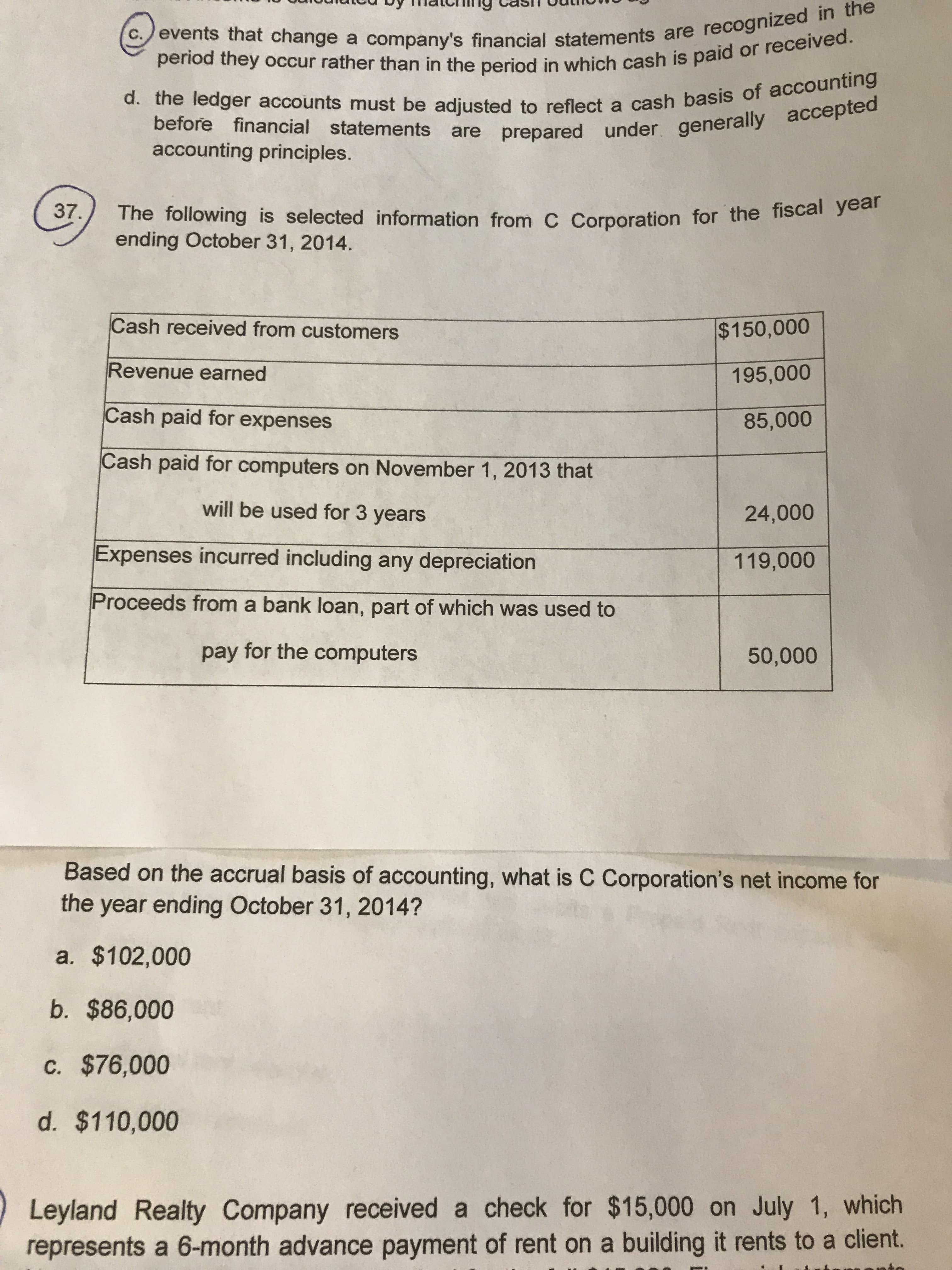 c. events that change a company's financial statements are recognized in the
period they occur rather than in the period in which cash is paid or received.
d. the ledger accounts must be adjusted to reflect a cash basis of accounting
before financial statements are prepared under generally accepted
accounting principles.
37.
The following is selected information from C Corporation for the fiscal yea
ending October 31, 2014.
Cash received from customers
$150,000
Revenue earned
195,000
Cash paid for expenses
85,000
Cash paid for computers on November 1, 2013 that
will be used for 3 years
24,000
Expenses incurred including any depreciation
119,000
Proceeds from a bank loan, part of which was used to
pay for the computers
50,000
Based on the accrual basis of accounting, what is C Corporation's net income for
the year ending October 31, 2014?
a. $102,000
b. $86,000
C. $76,000
d. $110,000
Leyland Realty Company received a check for $15,000 on July 1, which
represents a 6-month advance payment of rent on a building it rents to a client.
