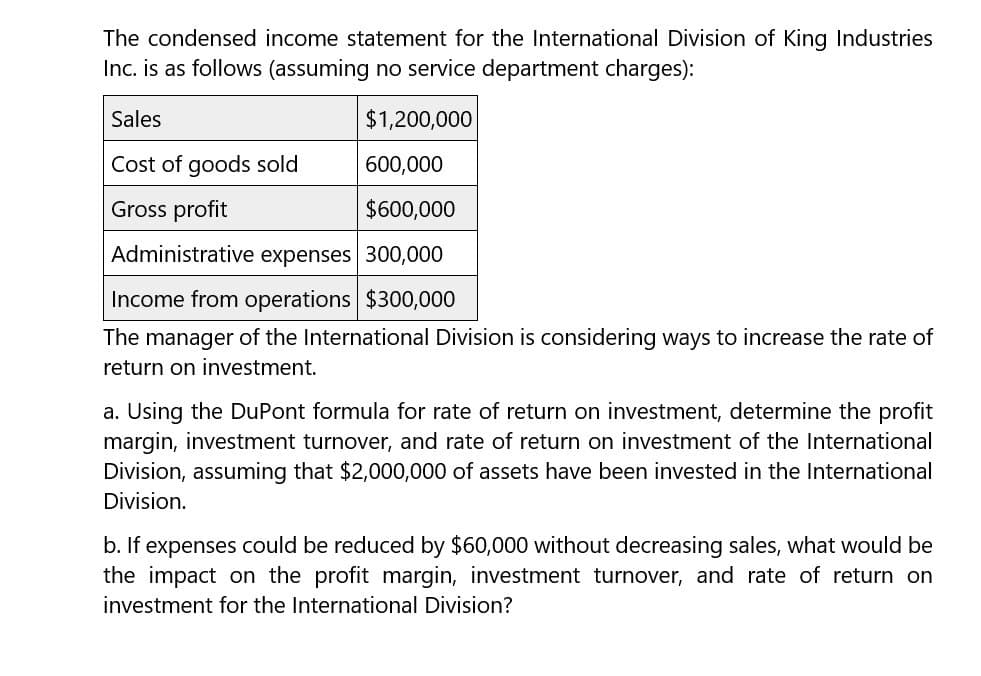 The condensed income statement for the International Division of King Industries
Inc. is as follows (assuming no service department charges):
Sales
$1,200,000
Cost of goods sold
600,000
Gross profit
$600,000
Administrative expenses 300,000
Income from operations $300,000
The manager of the International Division is considering ways to increase the rate of
return on investment.
a. Using the DuPont formula for rate of return on investment, determine the profit
margin, investment turnover, and rate of return on investment of the International
Division, assuming that $2,000,000 of assets have been invested in the International
Division.
b. If expenses could be reduced by $60,000 without decreasing sales, what would be
the impact on the profit margin, investment turnover, and rate of return on
investment for the International Division?