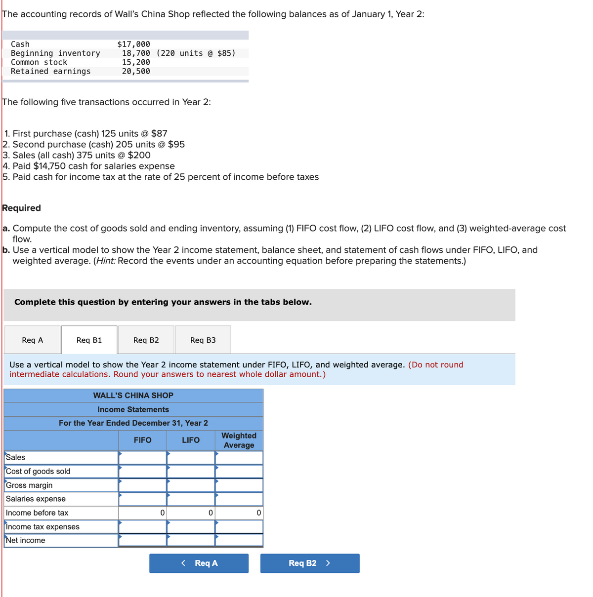 The accounting records of Wall's China Shop reflected the following balances as of January 1, Year 2:
Cash
Beginning inventory
Common stock
Retained earnings
$17,000
18,700 (220 units @ $85)
15,200
20,500
The following five transactions occurred in Year 2:
1. First purchase (cash) 125 units @ $87
2. Second purchase (cash) 205 units @ $95
3. Sales (all cash) 375 units @ $200
4. Paid $14,750 cash for salaries expense
5. Paid cash for income tax at the rate of 25 percent of income before taxes
Required
a. Compute the cost of goods sold and ending inventory, assuming (1) FIFO cost flow, (2) LIFO cost flow, and (3) weighted-average cost
flow.
b. Use a vertical model to show the Year 2 income statement, balance sheet, and statement of cash flows under FIFO, LIFO, and
weighted average. (Hint: Record the events under an accounting equation before preparing the statements.)
Complete this question by entering your answers in the tabs below.
Req A
Req B1
Req B2
Req B3
Use a vertical model to show the Year 2 income statement under FIFO, LIFO, and weighted average. (Do not round
intermediate calculations. Round your answers to nearest whole dollar amount.)
WALL'S CHINA SHOP
Income Statements
For the Year Ended December 31, Year 2
Sales
Cost of goods sold
Gross margin
Salaries expense
FIFO
LIFO
Weighted
Average
Income before tax
0
0
0
Income tax expenses
Net income
< Req A
Req B2
>