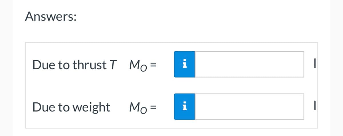 Answers:
Due to thrust T Mo=
Due to weight
Mo=
i
i
|