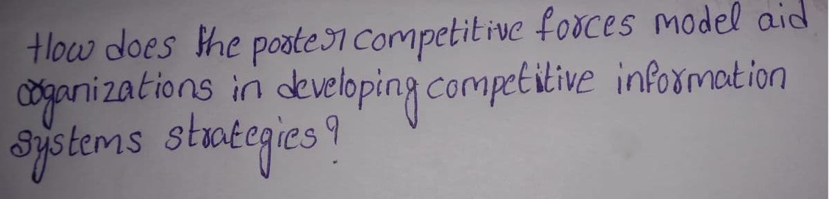 Hlow does the poste 1 Competitive fooces model aid
cogani zations
sjstems stmtegies ?
in developing compet itive information
