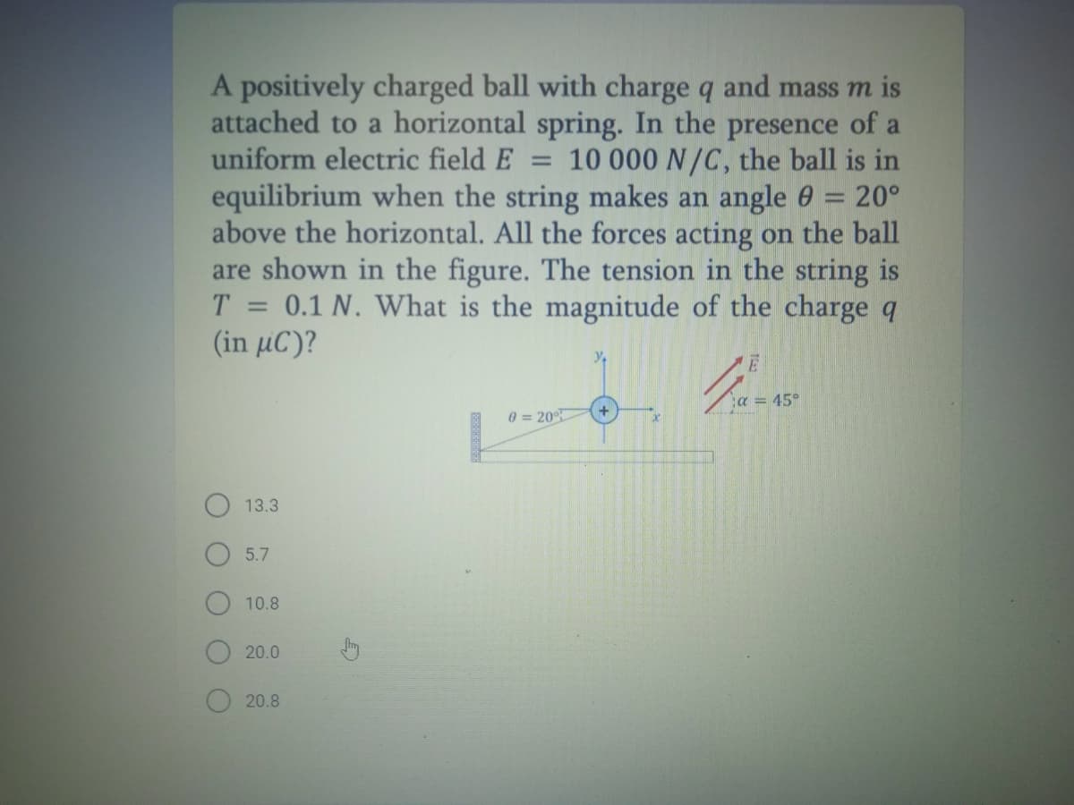 A positively charged ball with charge q and mass m is
attached to a horizontal spring. In the presence of a
uniform electric field E
= 10 000 N/C, the ball is in
equilibrium when the string makes an angle 0 = 20°
above the horizontal. All the forces acting on the ball
are shown in the figure. The tension in the string is
T = 0.1 N. What is the magnitude of the charge q
( in μC)?
a = 45°
0 = 20
13.3
5.7
10.8
20.0
20.8
