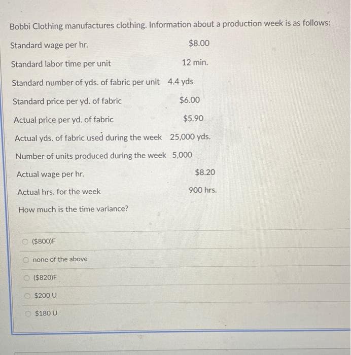 Bobbi Clothing manufactures clothing. Information about a production week is as follows:
Standard wage per hr.
$8.00
Standard labor time per unit
12 min.
Standard number of yds. of fabric per unit 4.4 yds
Standard price per yd. of fabric
$6.00
Actual price per yd. of fabric
Actual yds. of fabric used during the week
Number of units produced during the week
Actual wage per hr.
Actual hrs. for the week
How much is the time variance?
($800)F
Onone of the above
($820)F
$200 U
$180 U
$5.90
25,000 yds.
5,000
$8.20
900 hrs.