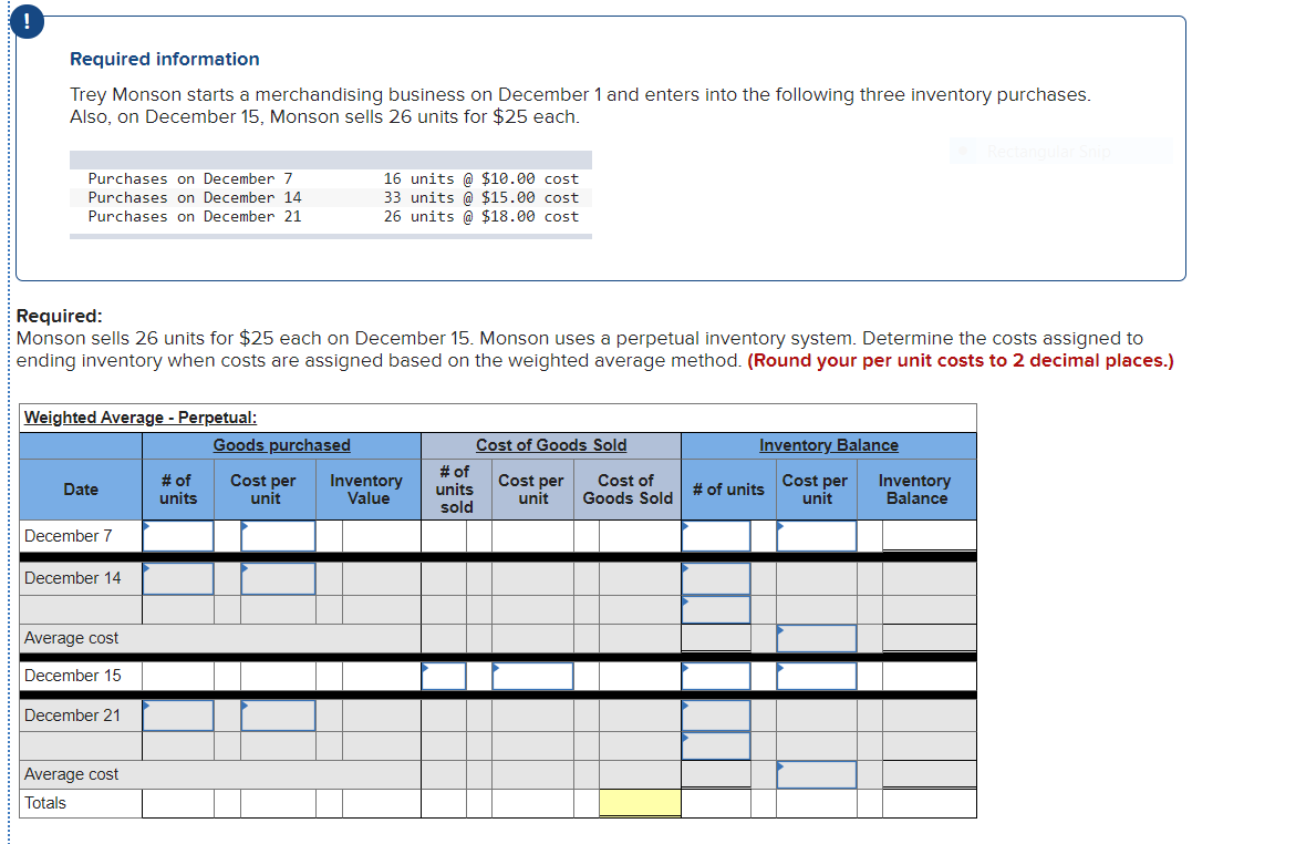 Required information
Trey Monson starts a merchandising business on December 1 and enters into the following three inventory purchases.
Also, on December 15, Monson sells 26 units for $25 each.
Purchases on December 7
16 units @ $10.00 cost
33 units @ $15.00 cost
26 units @ $18.00 cost
Purchases on December 14
Purchases on December 21
Required:
Monson sells 26 units for $25 each on December 15. Monson uses a perpetual inventory system. Determine the costs assigned to
ending inventory when costs are assigned based on the weighted average method. (Round your per unit costs to 2 decimal places.)
Weighted Average - Perpetual:
Goods purchased
Cost of Goods Sold
Inventory Balance
# of
units
Cost per
unit
Inventory
Value
# of
units
sold
Cost per
unit
Cost of
Goods Sold
Cost per
unit
Inventory
Balance
Date
# of units
December 7
December 14
Average cost
December 15
December 21
Average cost
Totals
