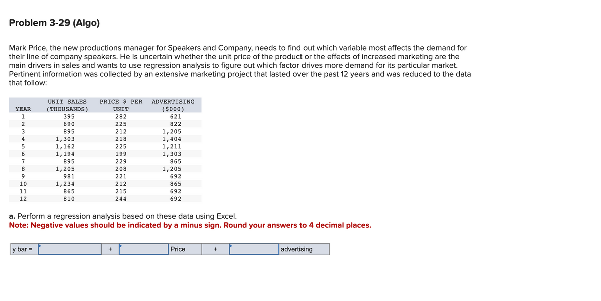 Problem 3-29 (Algo)
Mark Price, the new productions manager for Speakers and Company, needs to find out which variable most affects the demand for
their line of company speakers. He is uncertain whether the unit price of the product or the effects of increased marketing are the
main drivers in sales and wants to use regression analysis to figure out which factor drives more demand for its particular market.
Pertinent information was collected by an extensive marketing project that lasted over the past 12 years and was reduced to the data
that follow:
YEAR
LE3AF89g
1
2
4
5
6
7
10
11
12
UNIT SALES PRICE $ PER
UNIT
282
225
212
218
225
199
229
208
221
y bar =
(THOUSANDS)
395
690
895
1,303
1,162
1,194
895
1,205
981
1,234
865
810
212
215
244
+
ADVERTISING
($000)
621
822
1,205
1,404
1,211
1,303
865
a. Perform a regression analysis based on these data using Excel.
Note: Negative values should be indicated by a minus sign. Round your answers to 4 decimal places.
1,205
692
865
692
692
Price
+
advertising