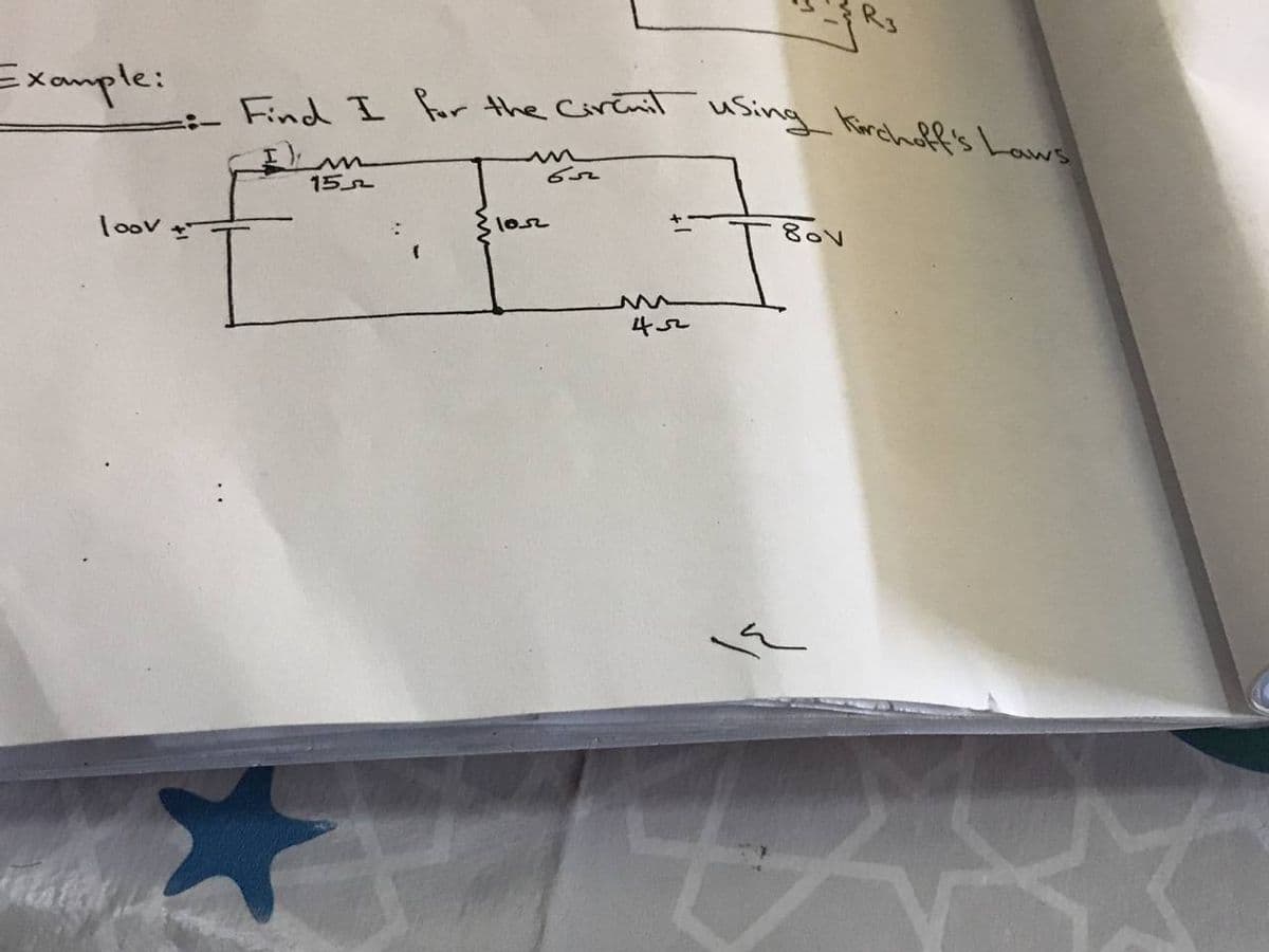 Example:
=- Find I for the Circuit using kirchoff's Laws
loov.
15
(
652
10.52
45
80V
X