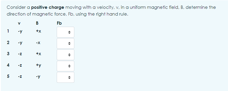 Consider a positive charge moving with a velocity, v, in a uniform magnetic field, B, determine the
direction of magnetic force, Fb, using the right hand rule.
V
B
Fb
1
+X
2
-X
3
4
5
>
-Y
>
-Y
-Z
-Z
-Z
+X
+y
-y
46