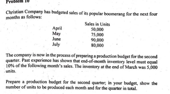 Christian Company has budgeted sales of its popular boomerang for the next four
months as follows:
April
May
June
Sales in Units
50,000
75,000
90,000
80,000
July
The company is now in the process of preparing a production budget for the second
quarter. Past experience has shown that end-of-month inventory level must equal
10% of the following month's sales. The inventory at the end of March was 5,000
units.
Prepare a production budget for the second quarter; in your budget, show the
number of units to be produced each month and for the quarter in total.
