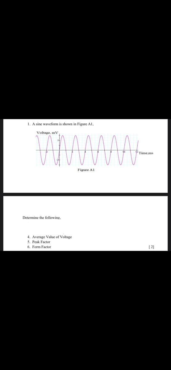 1. A sine waveform is shown in Figure Al,
Voltage, mV
Time.ms
Figure Al
Determine the following,
4. Average Value of Voltage
5. Peak Factor
6. Form Factor
[ 2]
