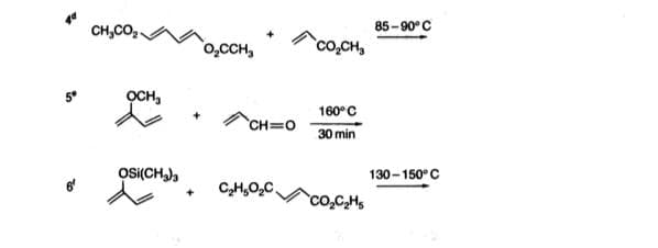 5⁰
CHyCO
OCH₂
OSI(CH₂)3
+
O₂CCH₂
CH=O
+ C₂H5O₂C
CO,CH,
160°C
30 min
CO₂C₂H₁
85-90°C
130-150°C