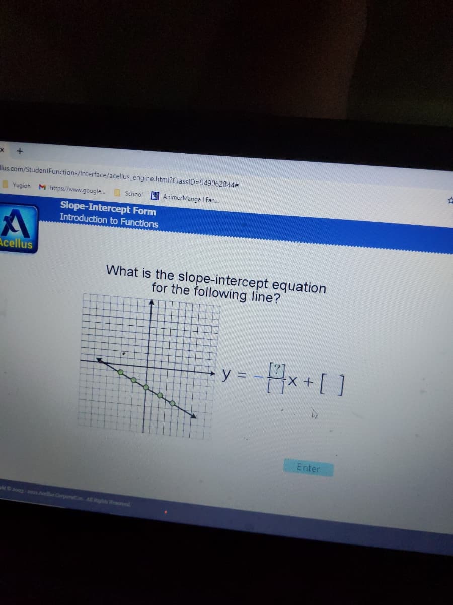 llus.com/StudentFunctions/Interface/acellus_engine.html?ClassID=949062844#
Yugioh M https://www.google. I School
A Anime/Manga | Fan.
Slope-Intercept Form
Introduction to Functions
Acellus
What is the slope-intercept equation
for the following line?
Hx+[ ]
y -.
Enter
ht200-a0 Alus CorporatL All Rights Reserved
