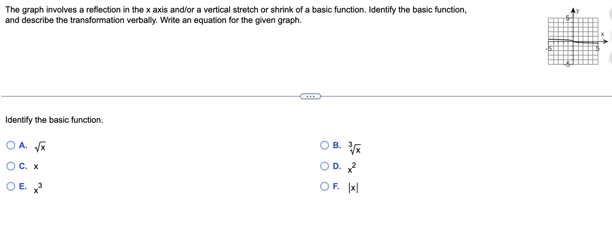 The graph involves a reflection in the x axis and/or a vertical stretch or shrink of a basic function. Identify the basic function,
and describe the transformation verbally. Write an equation for the given graph.
5-
Identify the basic function.
O B. *
O A. Vx
D. 2
С. Х
O F. |x|
O E.
3
X
