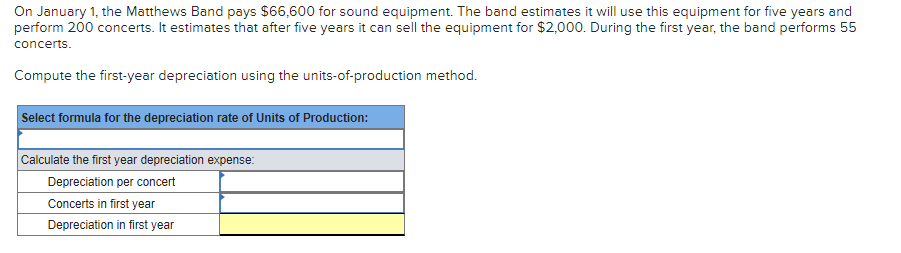 **Calculating Depreciation using the Units-of-Production Method**

On January 1st, the Matthews Band invests $66,600 in new sound equipment. The equipment is projected to be used over a span of five years and is expected to support 200 concerts. By the end of the five-year period, it is estimated that the equipment can be sold for $2,000. During the first year, the band successfully performs 55 concerts.

To ascertain the depreciation for the first year using the units-of-production method, follow the steps outlined below:

1. **Determine the Depreciation Per Concert:**
   - Initial Cost of Equipment: $66,600
   - Residual Value (Value at End of 5 Years): $2,000
   - Estimated Total Concerts: 200

   Depreciation Per Concert = (Initial Cost - Residual Value) / Total Estimated Concerts
                      = ($66,600 - $2,000) / 200
                      = $64,600 / 200
                      = $323 per concert

2. **Calculate the Total Depreciation for the First Year:**
   - Number of Concerts in the First Year: 55

   Depreciation in First Year = Depreciation Per Concert * Number of Concerts in First Year
                        = $323 * 55
                        = $17,765

**Summary of the Calculation Process in Tabular Form:**

| **Select formula for the depreciation rate of Units of Production:** |                                                                  |
|----------------------------------------------------------------------|------------------------------------------------------------------|
|                                                                      |                                                                  |
| **Calculate the first year depreciation expense:**                   |                                                                  |
| Depreciation per concert                                             | (Initial Cost - Residual Value) / Total Estimated Concerts        |
| Concerts in first year                                               | 55                                                               |
| Depreciation in first year                                           | Depreciation Per Concert * Number of Concerts in First Year       |

The first-year depreciation expense for the Matthews Band, using the units-of-production method, is $17,765.