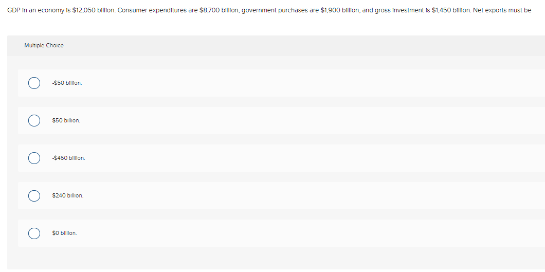 GDP In an economy is $12,050 billion. Consumer expenditures are $8,700 billion, government purchases are $1,900 billion, and gross Investment Is $1,450 billion. Net exports must be
Multiple Cholce
-$50 billion.
$50 billion.
-$450 billion.
$240 billion
$0 billion.
