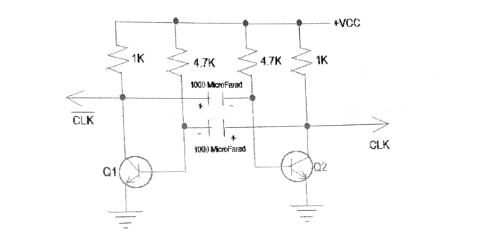 CLK
Q1
1K
4.7K
1000 MicroFarad
1000 MicroFarad
4.7K
1K
+VCC
CLK